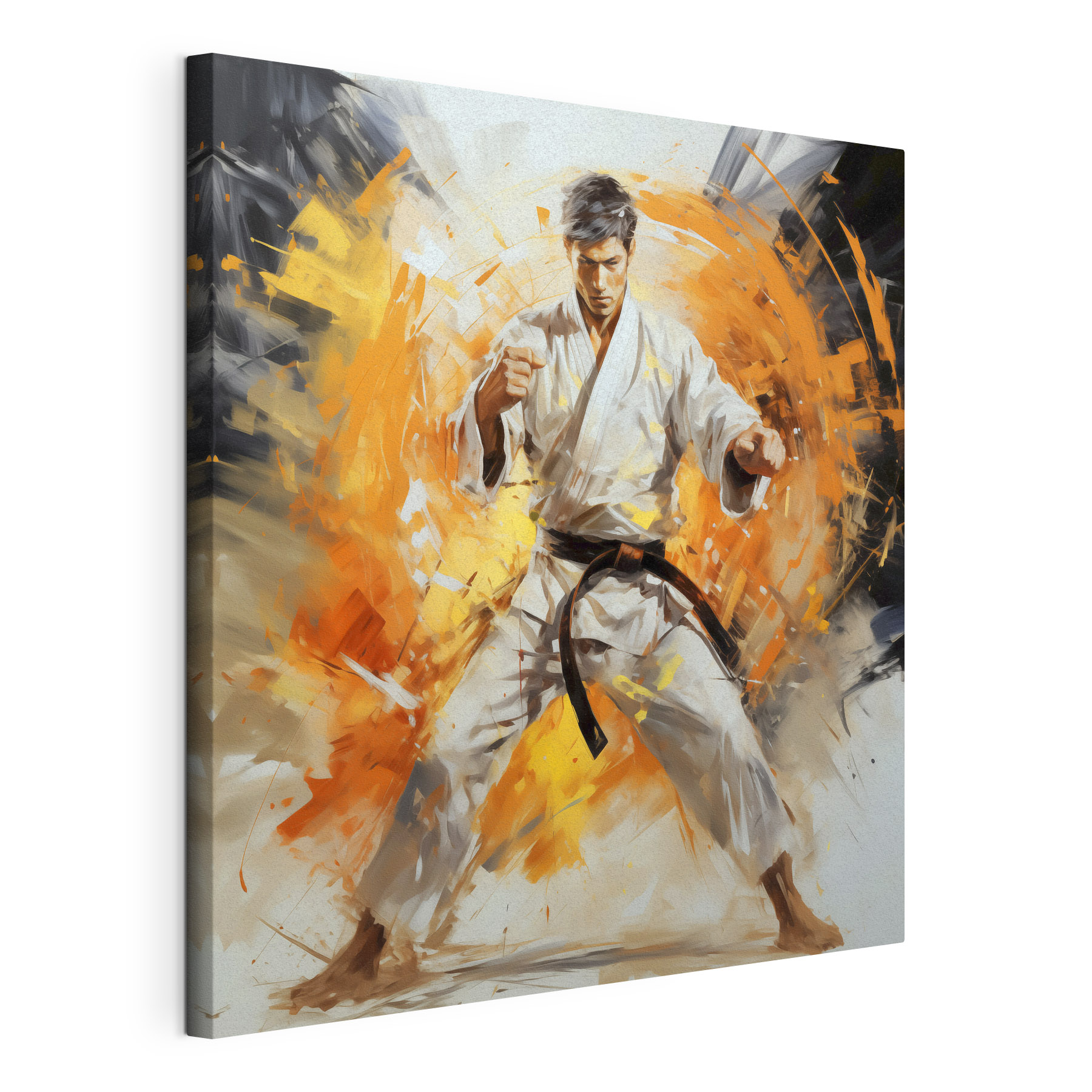 A man in a white kimono with orange splashes