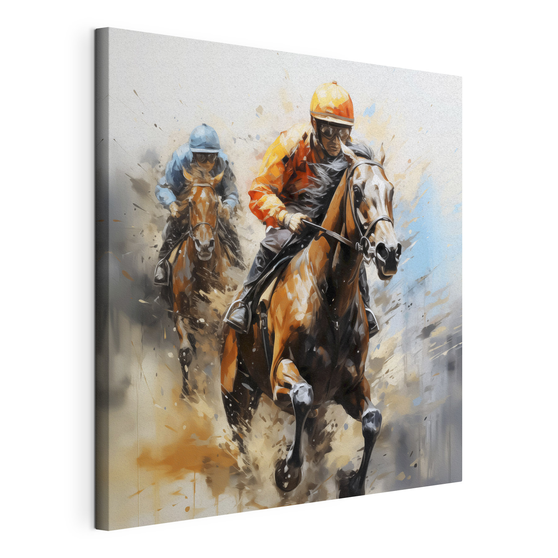 A painting of two people riding horses A painting of two people riding horses