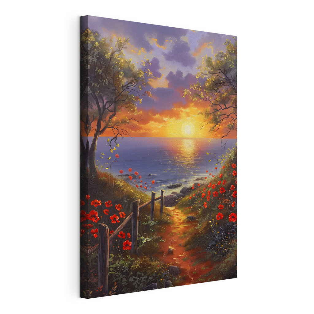 A painting of a path leading to a body of water with flowers A painting of a path leading to a body of water with flowers