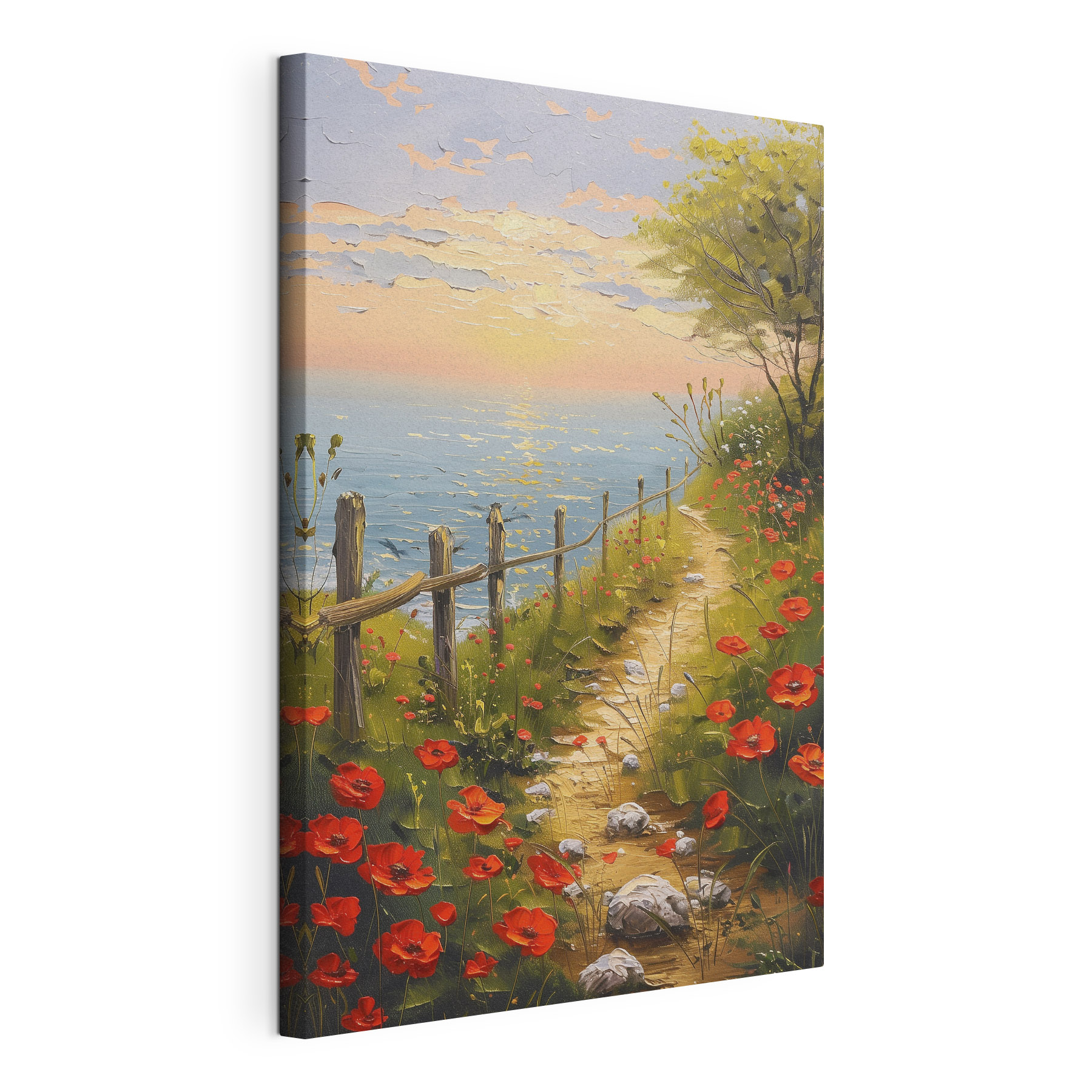 A path leading to a beach with red flowers A path leading to a beach with red flowers