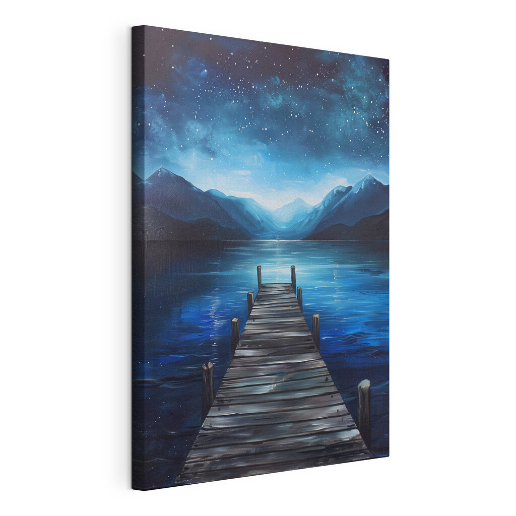 A painting of a dock on a lake