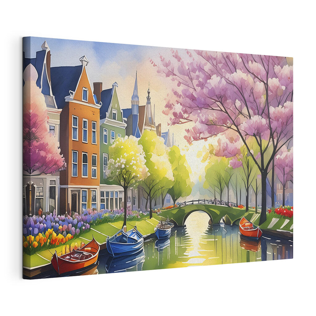 A water canal with boats and trees and a bridge