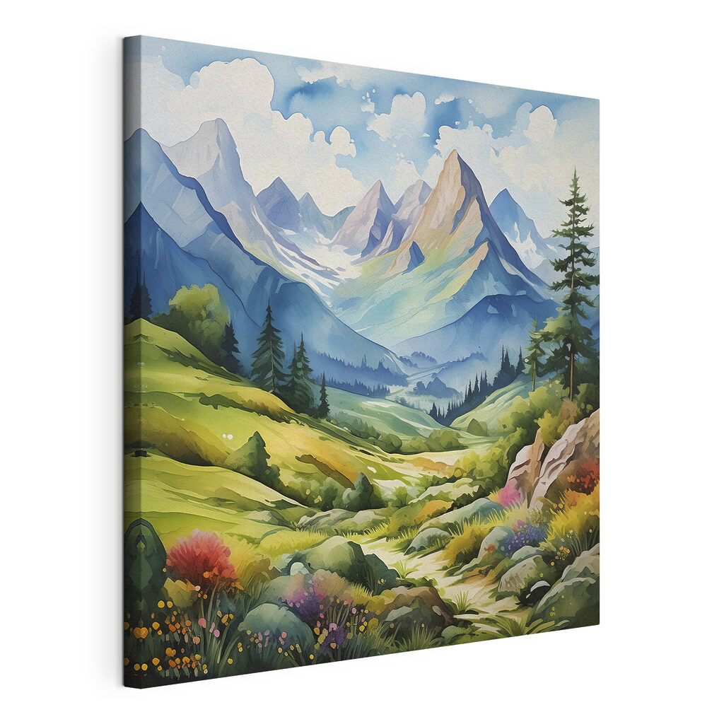 A painting of a landscape with mountains and trees A painting of a landscape with mountains and trees