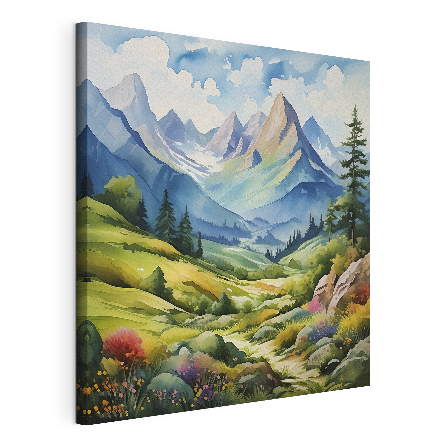 A painting of a landscape with mountains and trees A painting of a landscape with mountains and trees