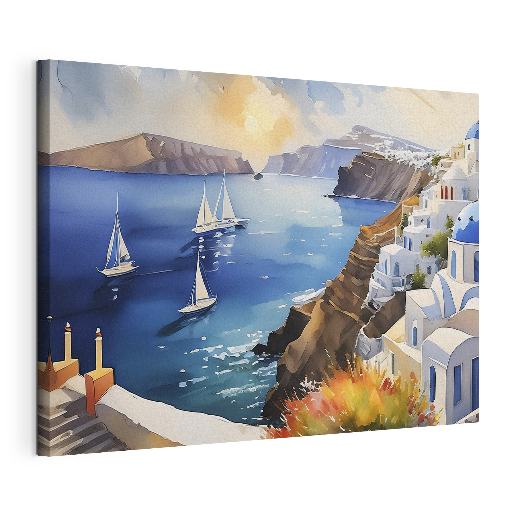 A painting of a sea with boats and buildings