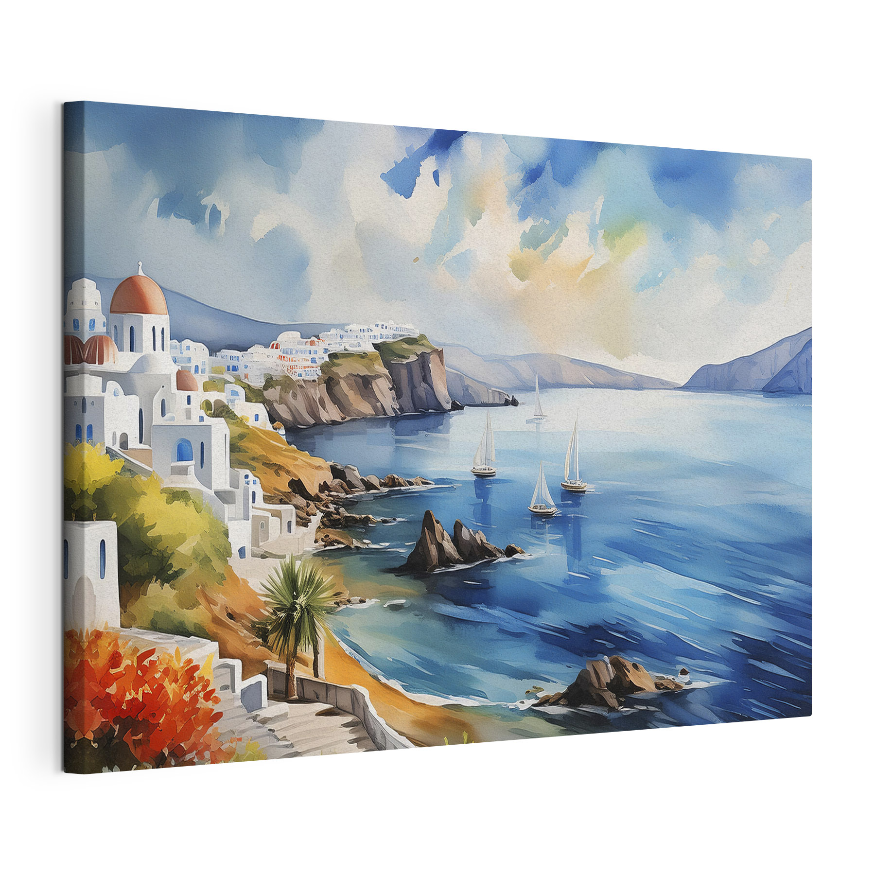 A watercolor painting of a town on a cliff