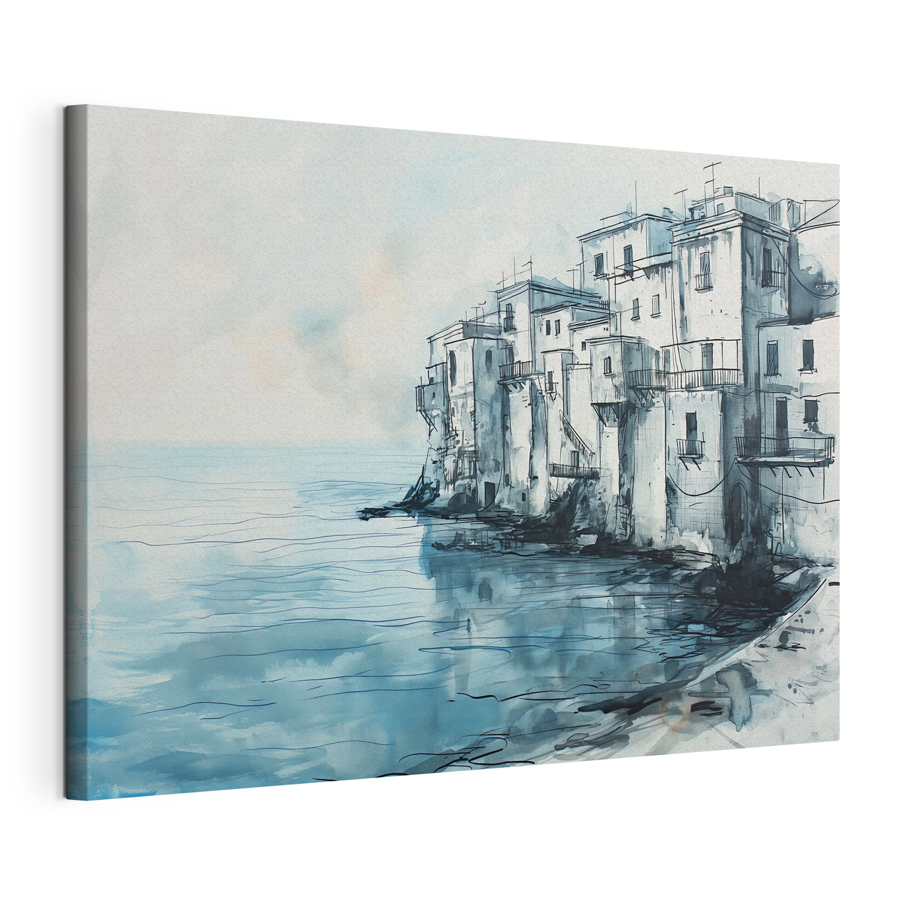 A watercolor of a building next to a body of water