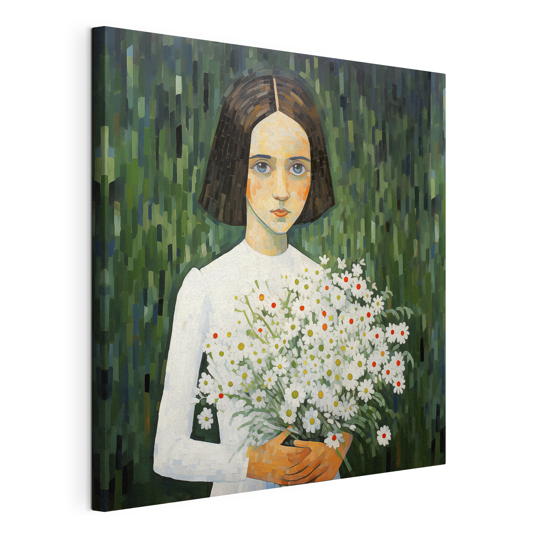 A painting of a girl holding flowers A painting of a girl holding flowers