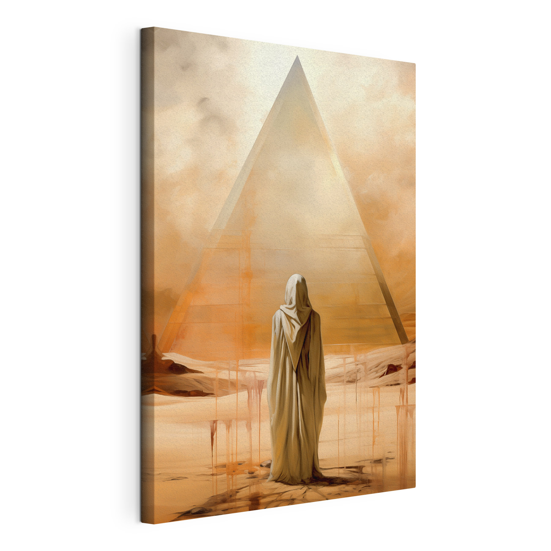 A person in a white robe standing in front of a pyramid A person in a white robe standing in front of a pyramid