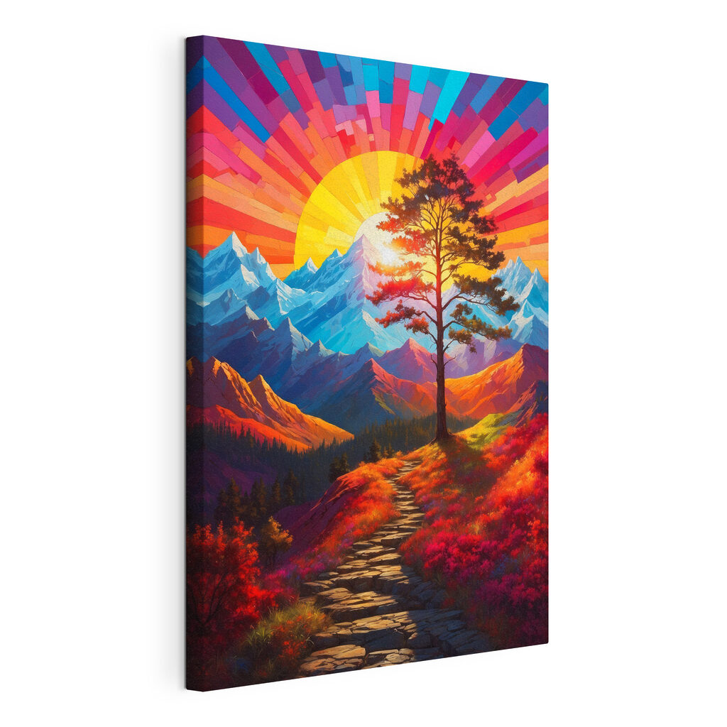 Painting of a mountain landscape with a tree and a colorful sunset Painting of a mountain landscape with a tree and a colorful sunset