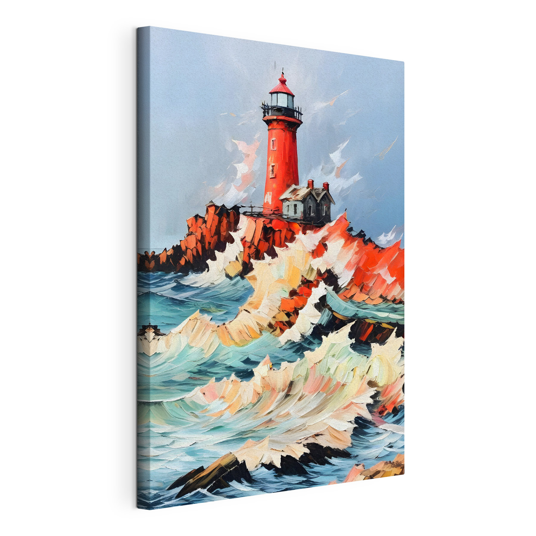 Painting of a lighthouse in the ocean Painting of a lighthouse in the ocean