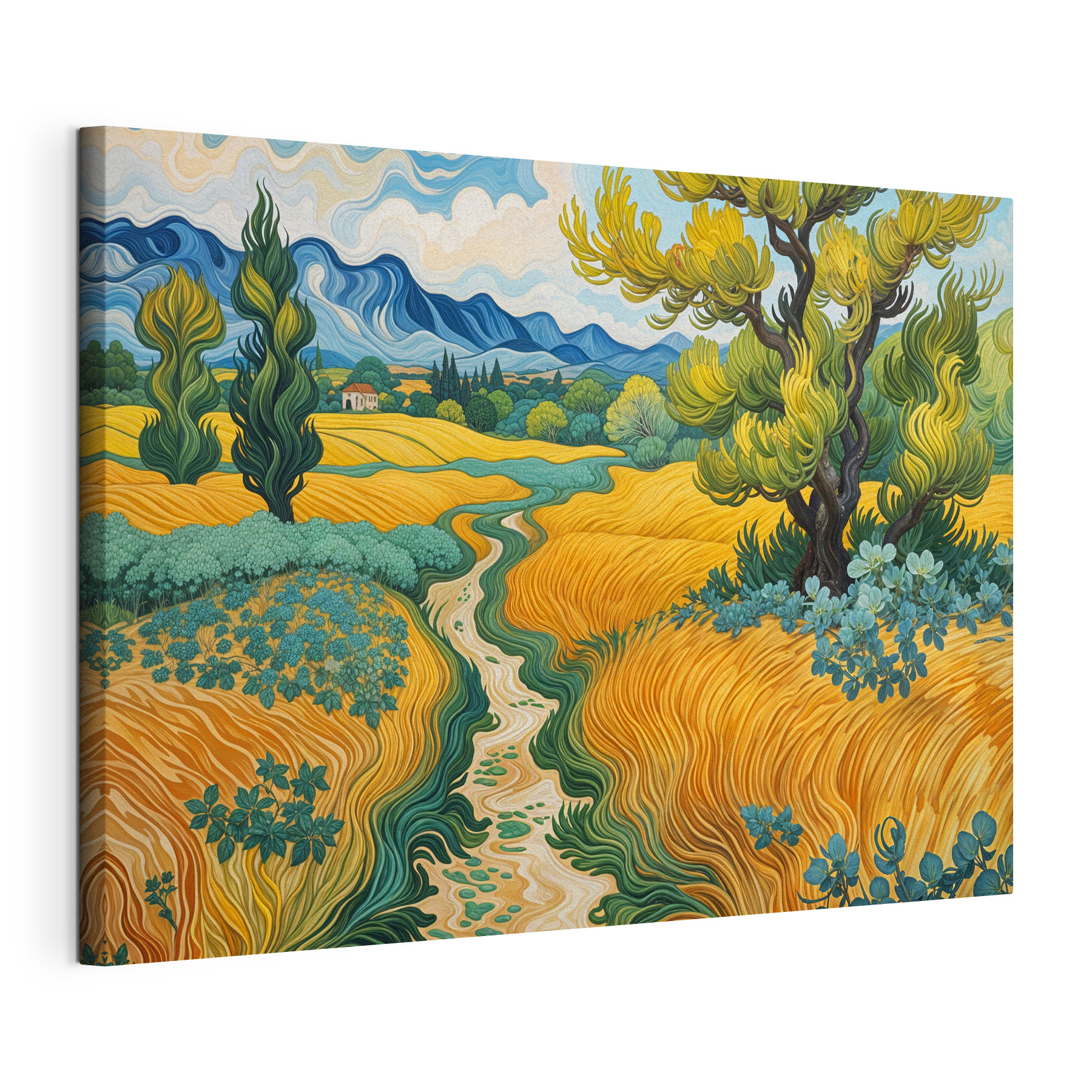Painting of a landscape with a tree and a stream Painting of a landscape with a tree and a stream