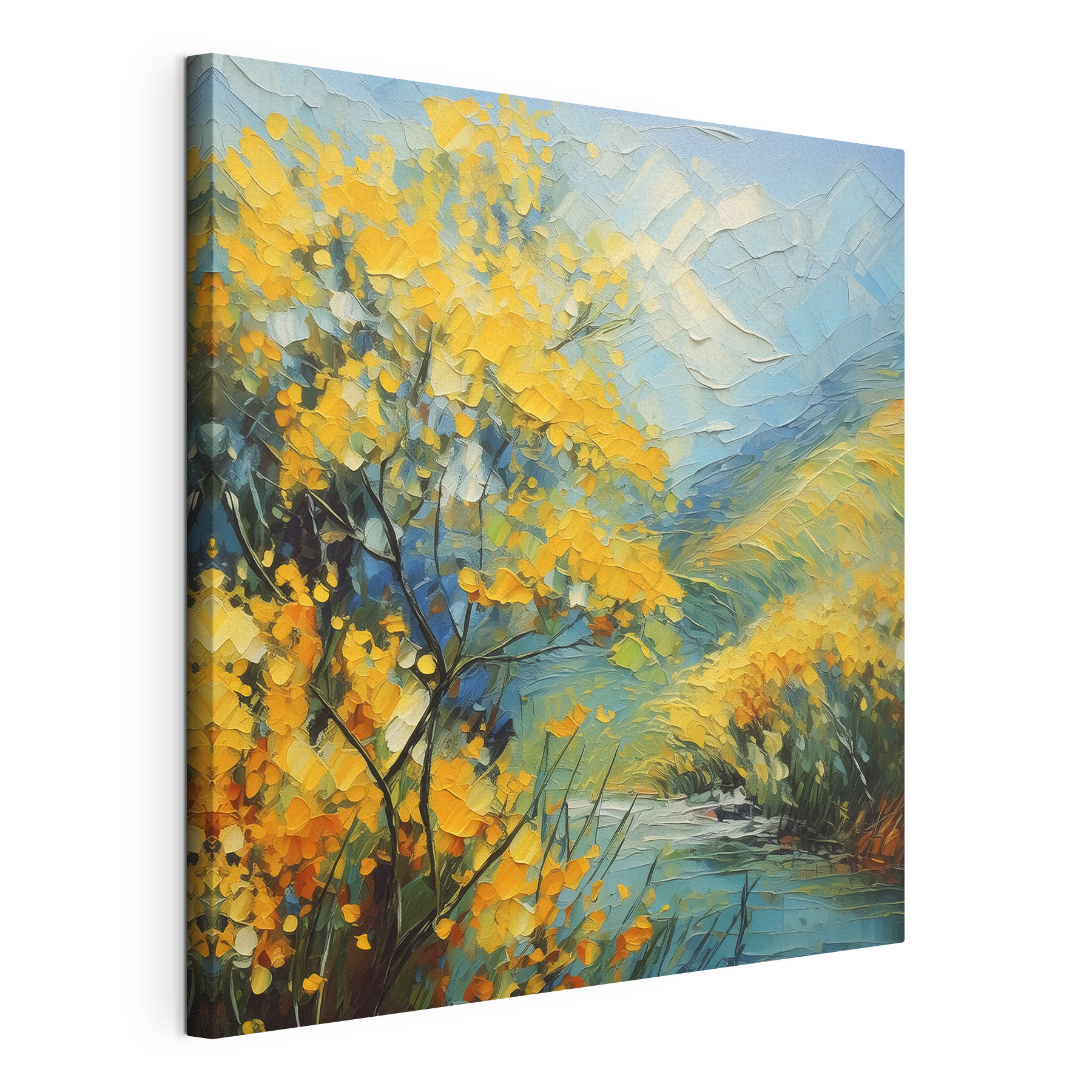 A painting of a river with yellow flowers A painting of a river with yellow flowers