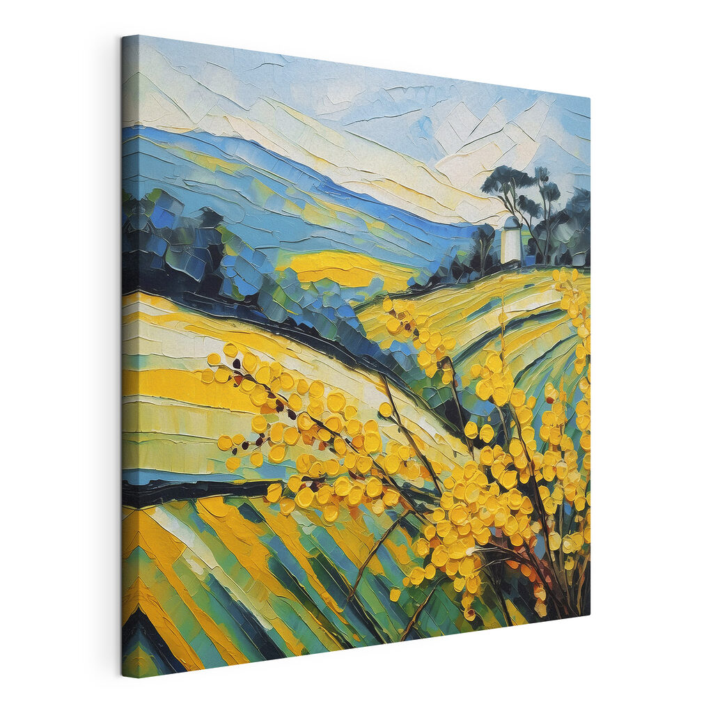 A painting of a field of yellow flowers