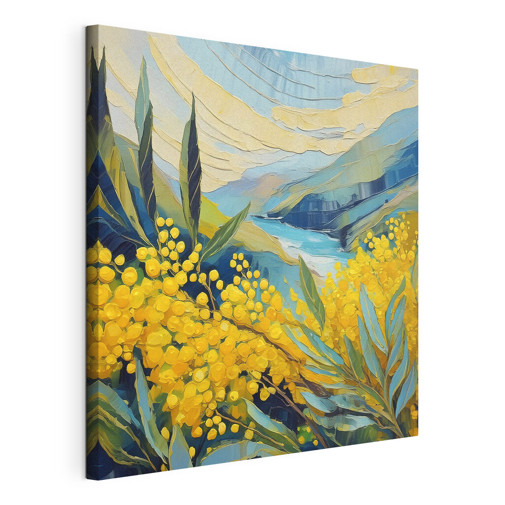 A painting of yellow flowers and blue mountains A painting of yellow flowers and blue mountains
