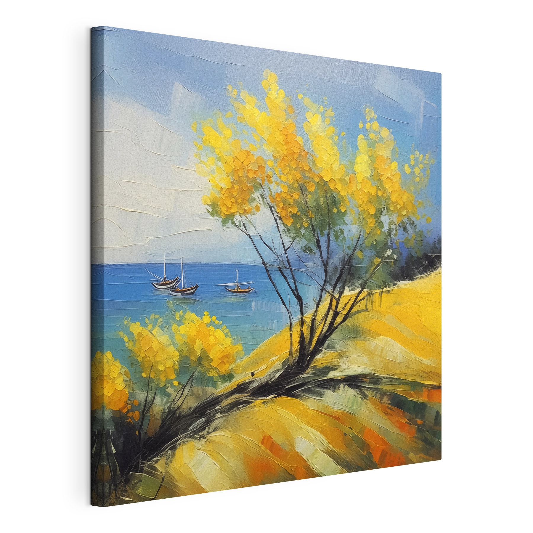 A painting of a yellow tree and boats in the water