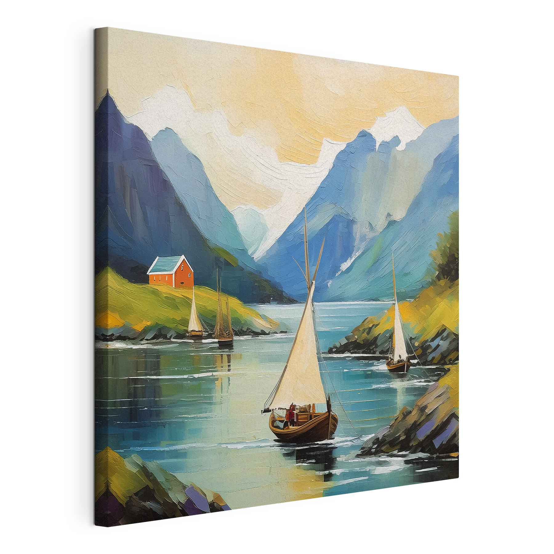A painting of boats on a lake A painting of boats on a lake