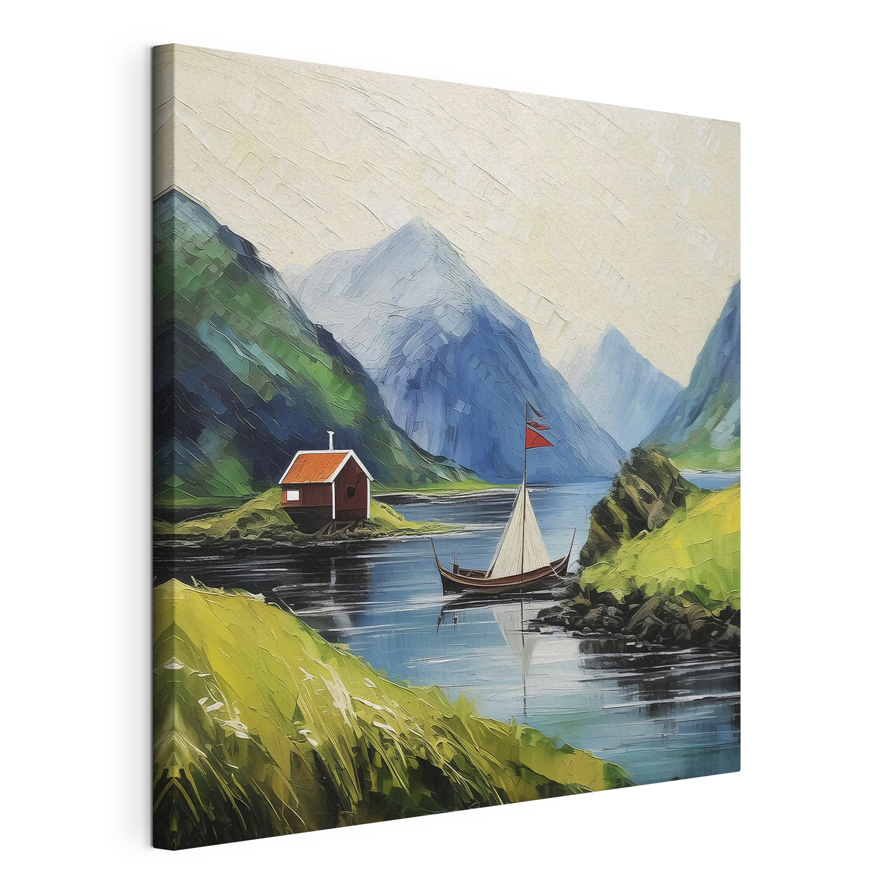 A painting of a boat on a lake with mountains and a house