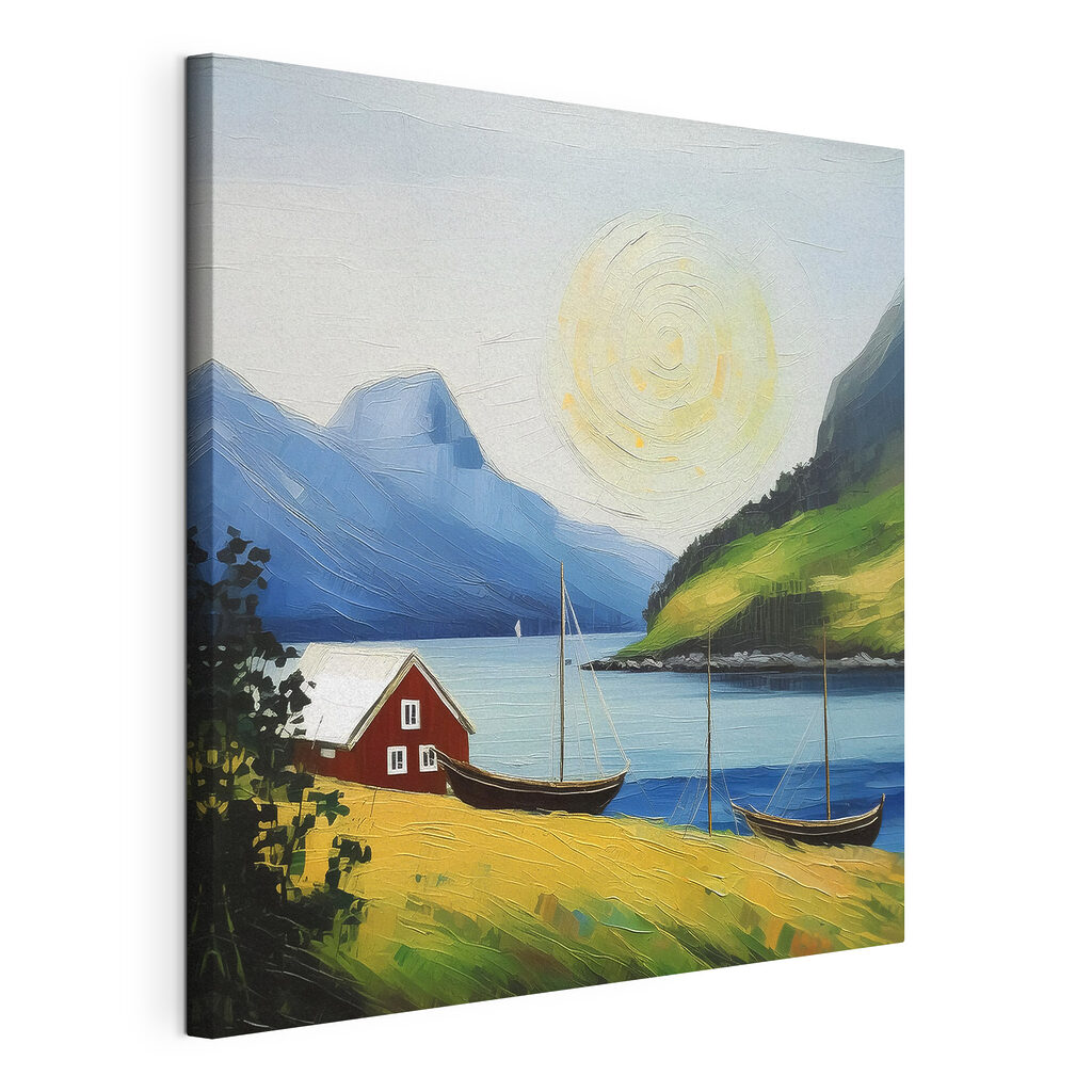 A painting of a house and boats on a lake