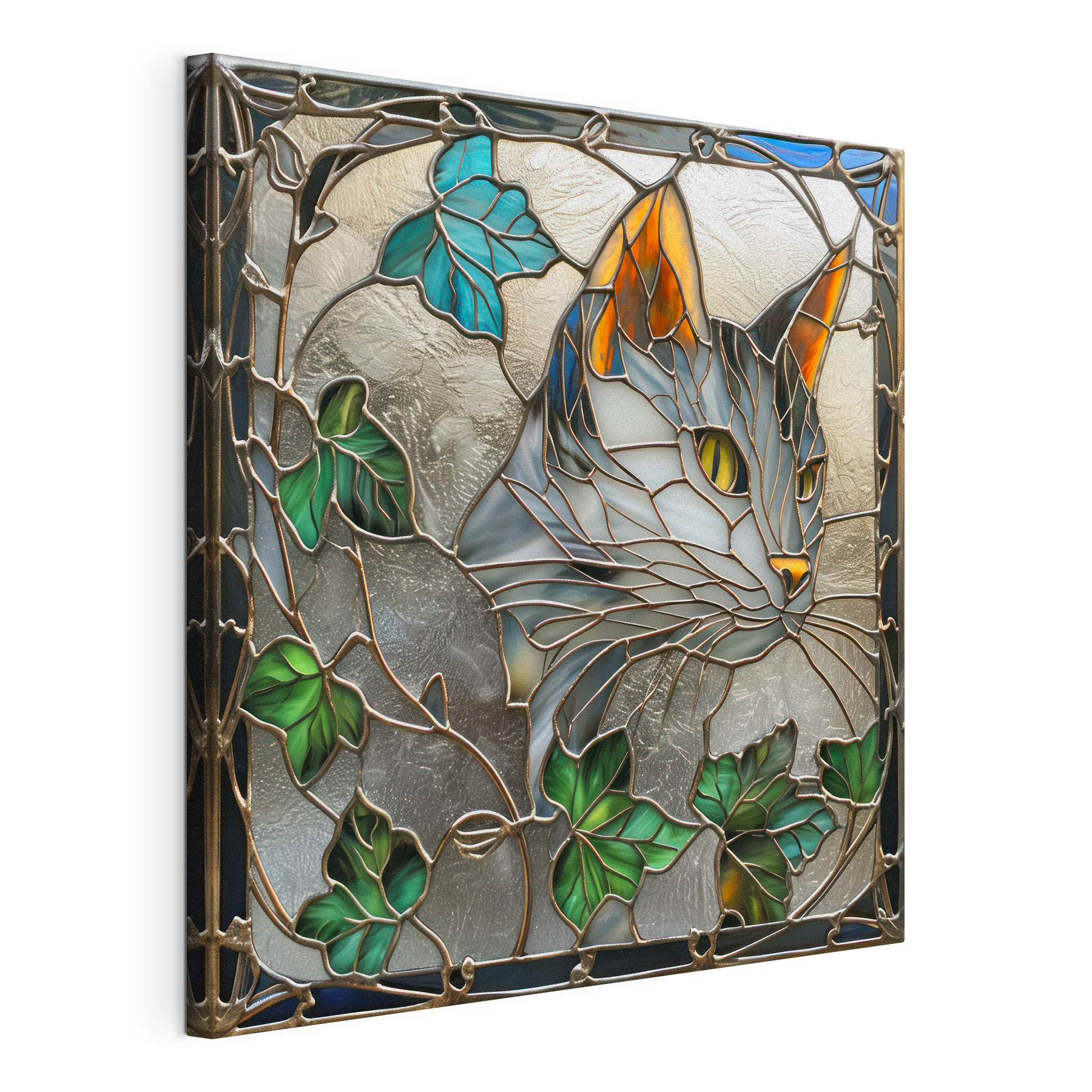 Stained glass window with a cat's face