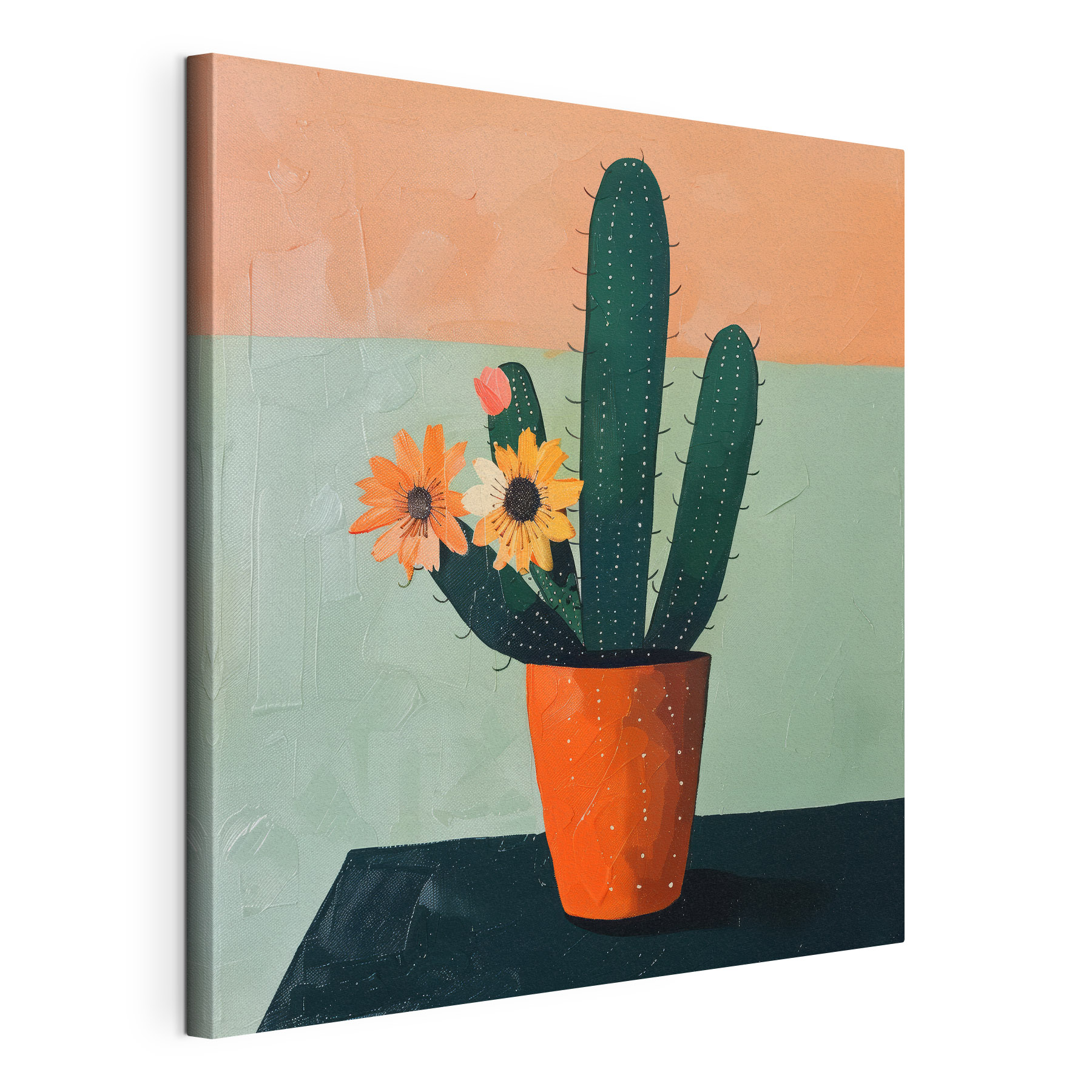 Painting of a cactus with flowers in a pot Painting of a cactus with flowers in a pot