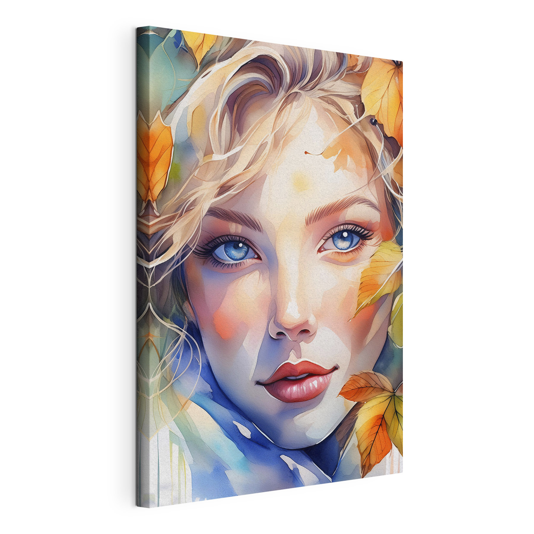Woman with blue eyes and blue eyes and blue eyes and yellow leaves