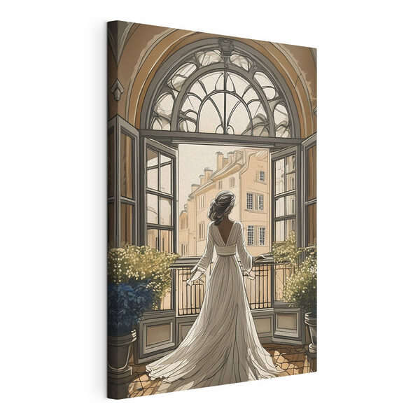 Quadri Una donna in abito bianco che guarda fuori dalla finestra (COD: s39480) Quadri Quadri Una donna in abito bianco che guarda fuori dalla finestra (COD: s39480)