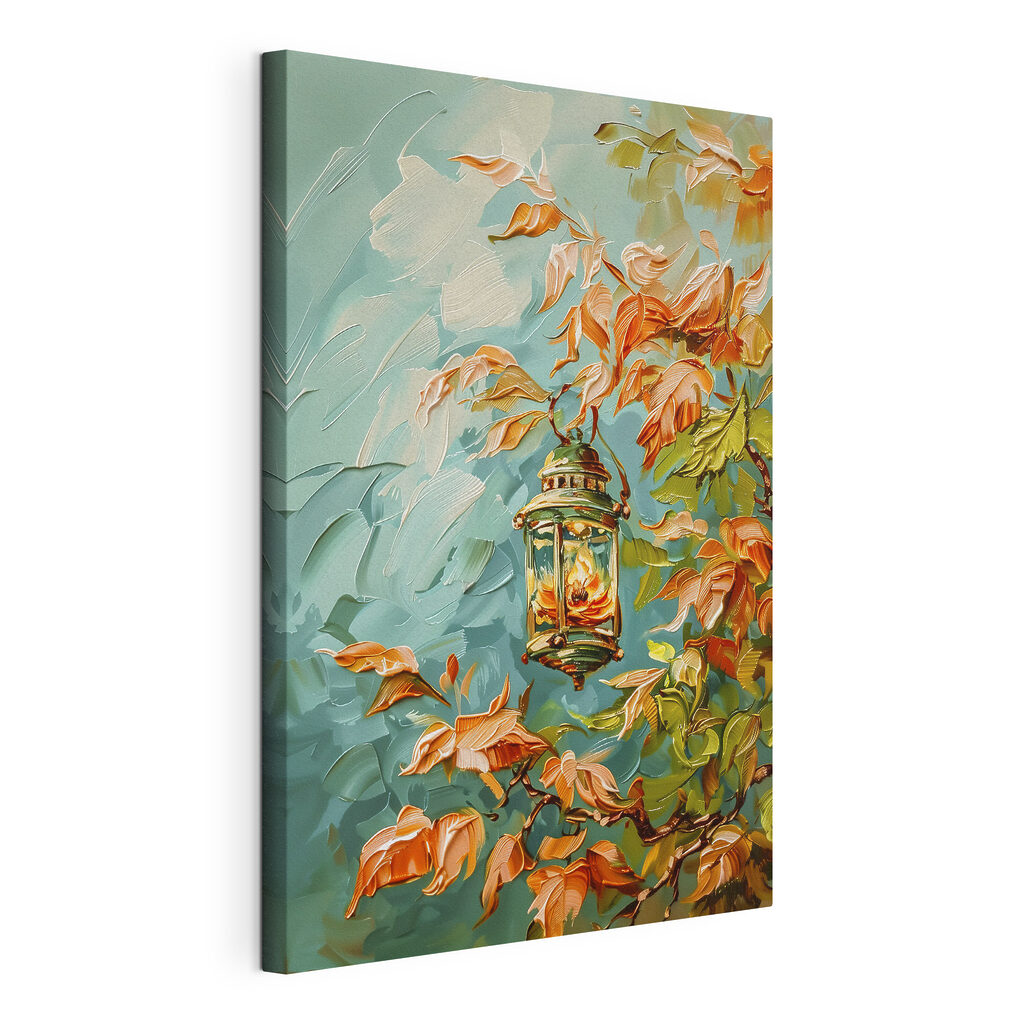 Oil painting of a lantern on a tree Oil painting of a lantern on a tree