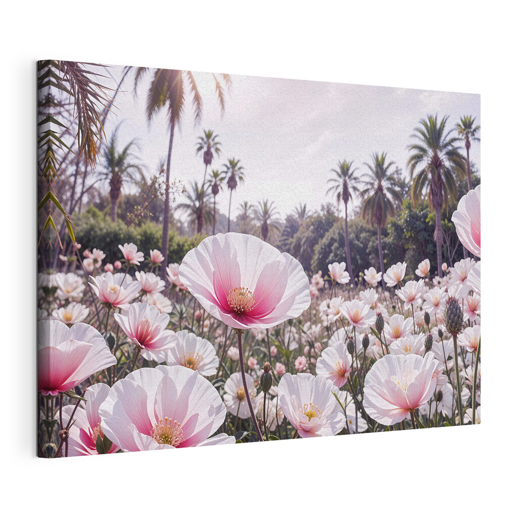 Field of white flowers with palm trees in the background