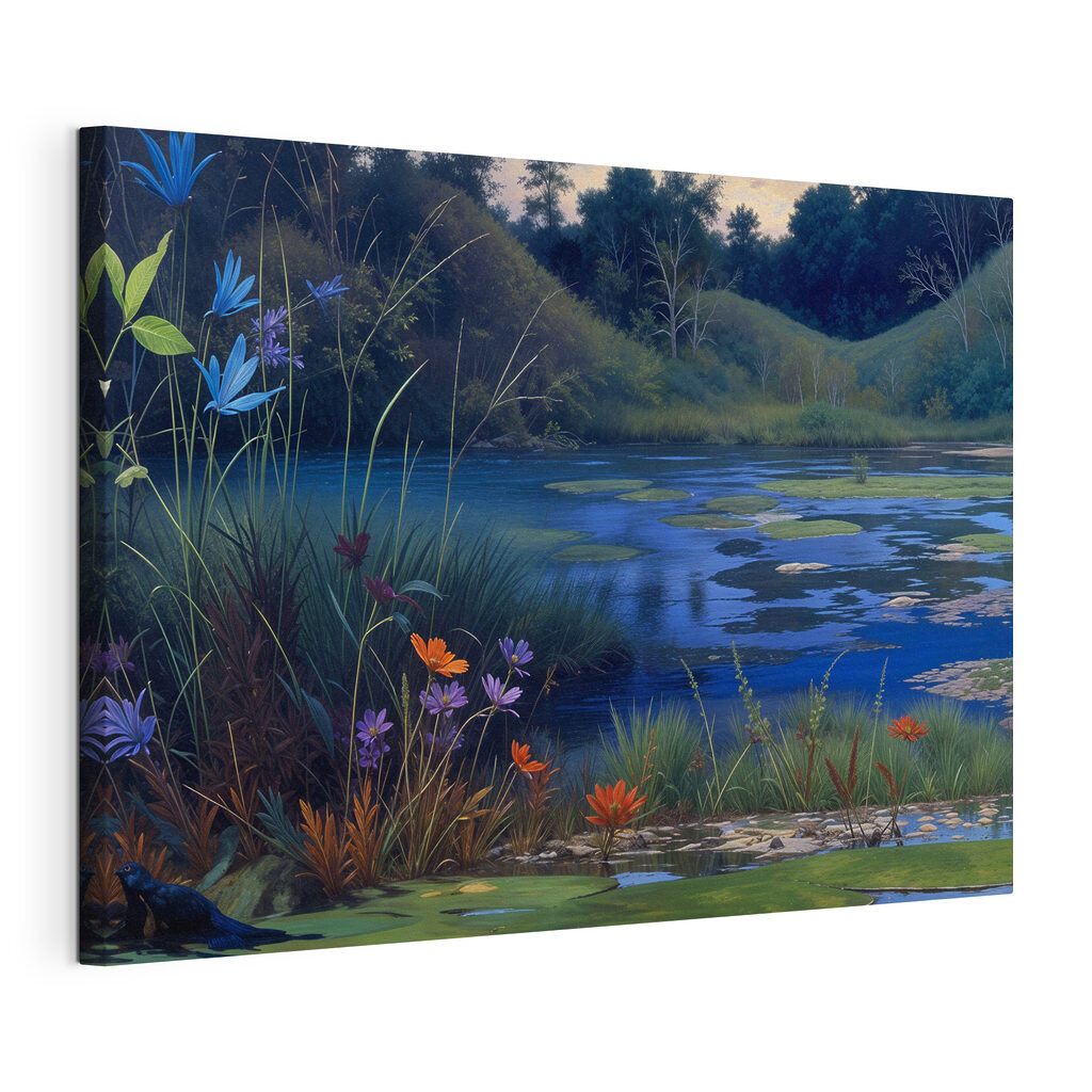Pond with flowers and grass