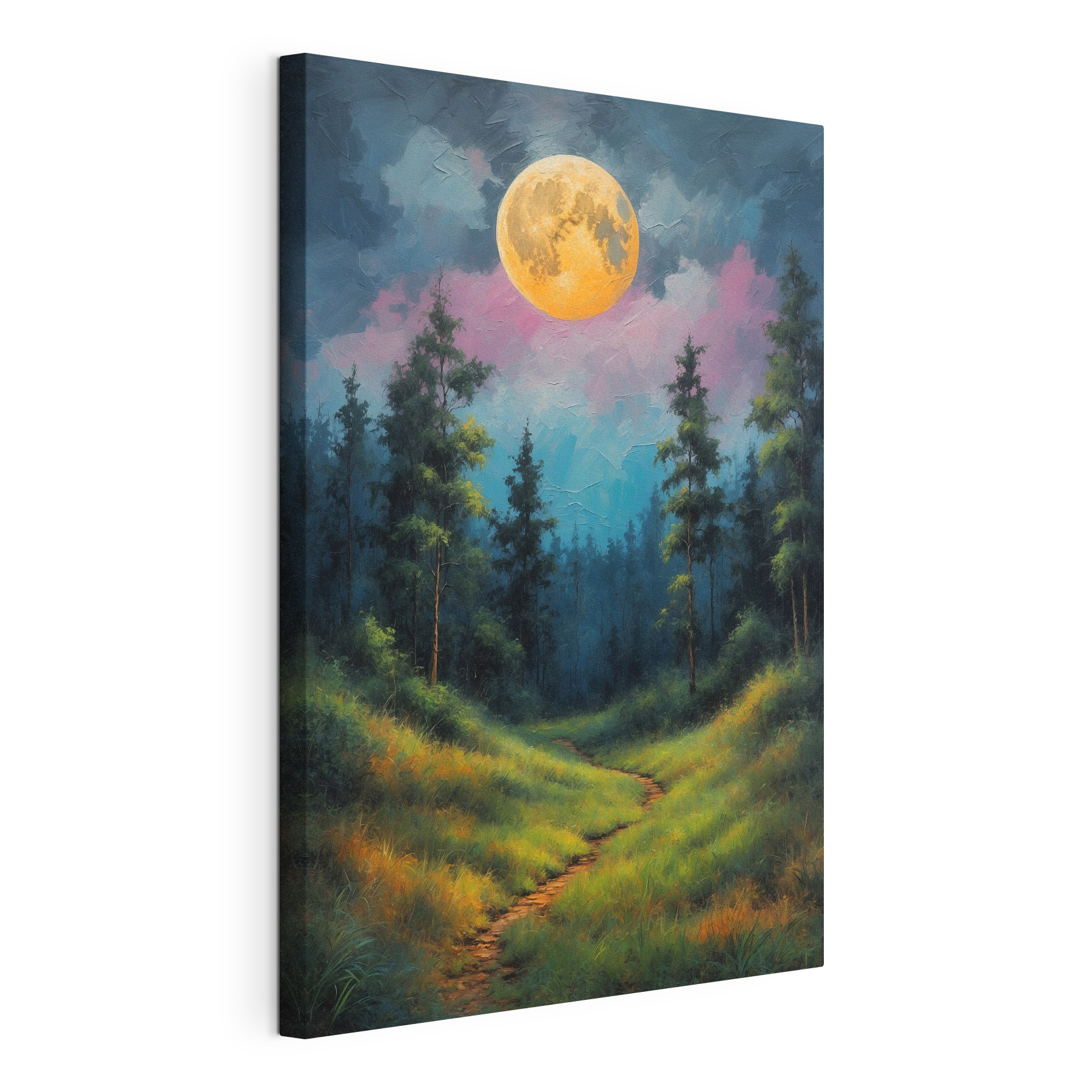 Painting of a path through a forest with trees and a full moon Painting of a path through a forest with trees and a full moon