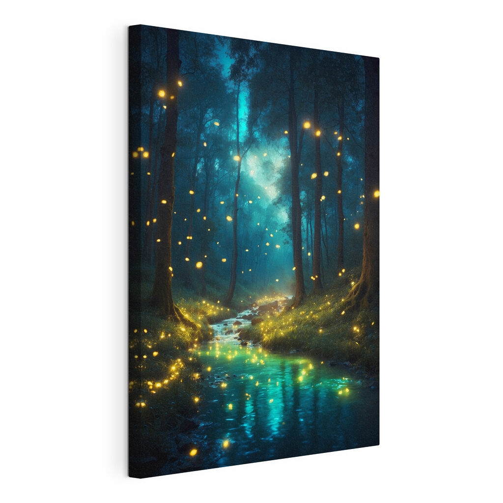 Stream in a forest with fireflies