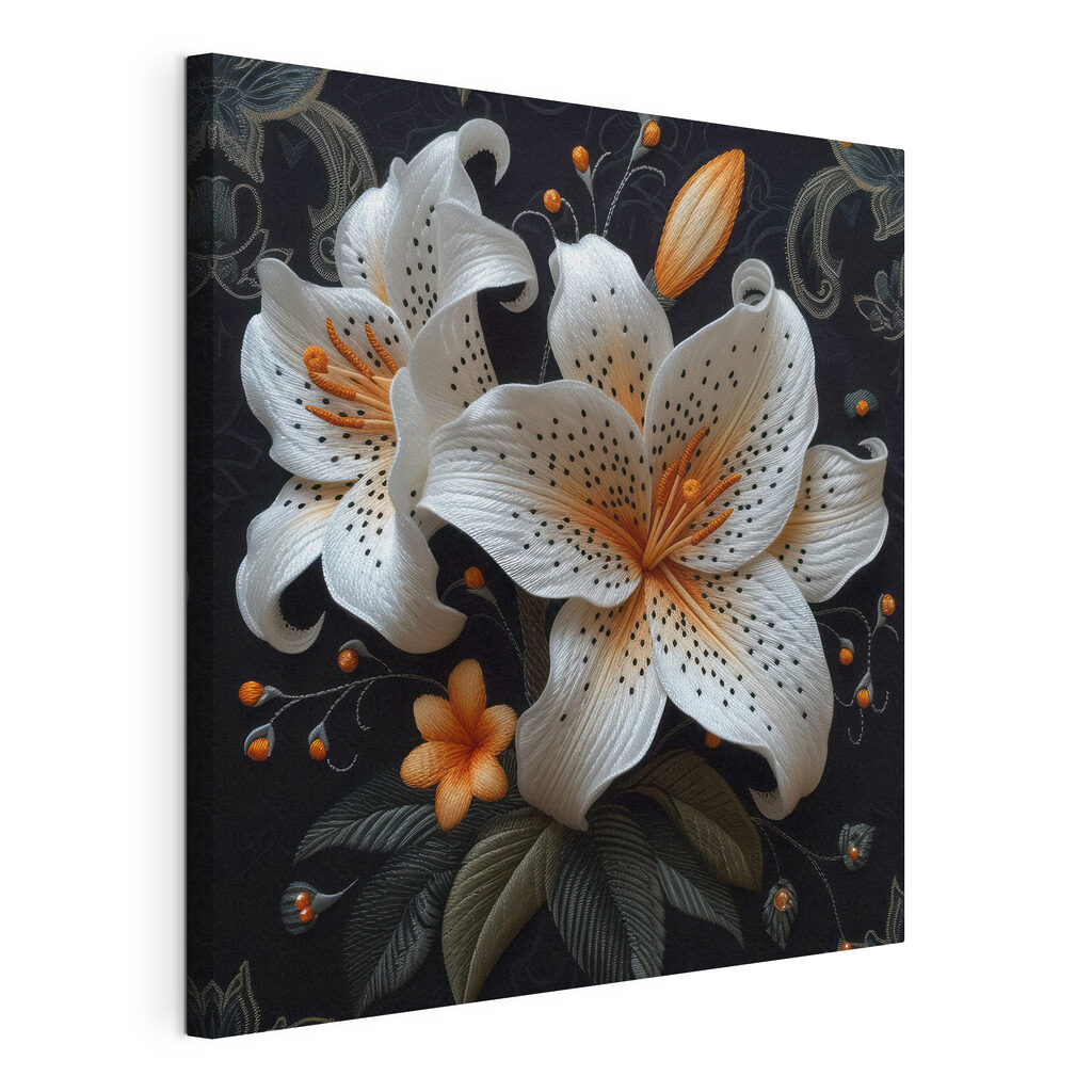 White and orange flowers on a black background White and orange flowers on a black background