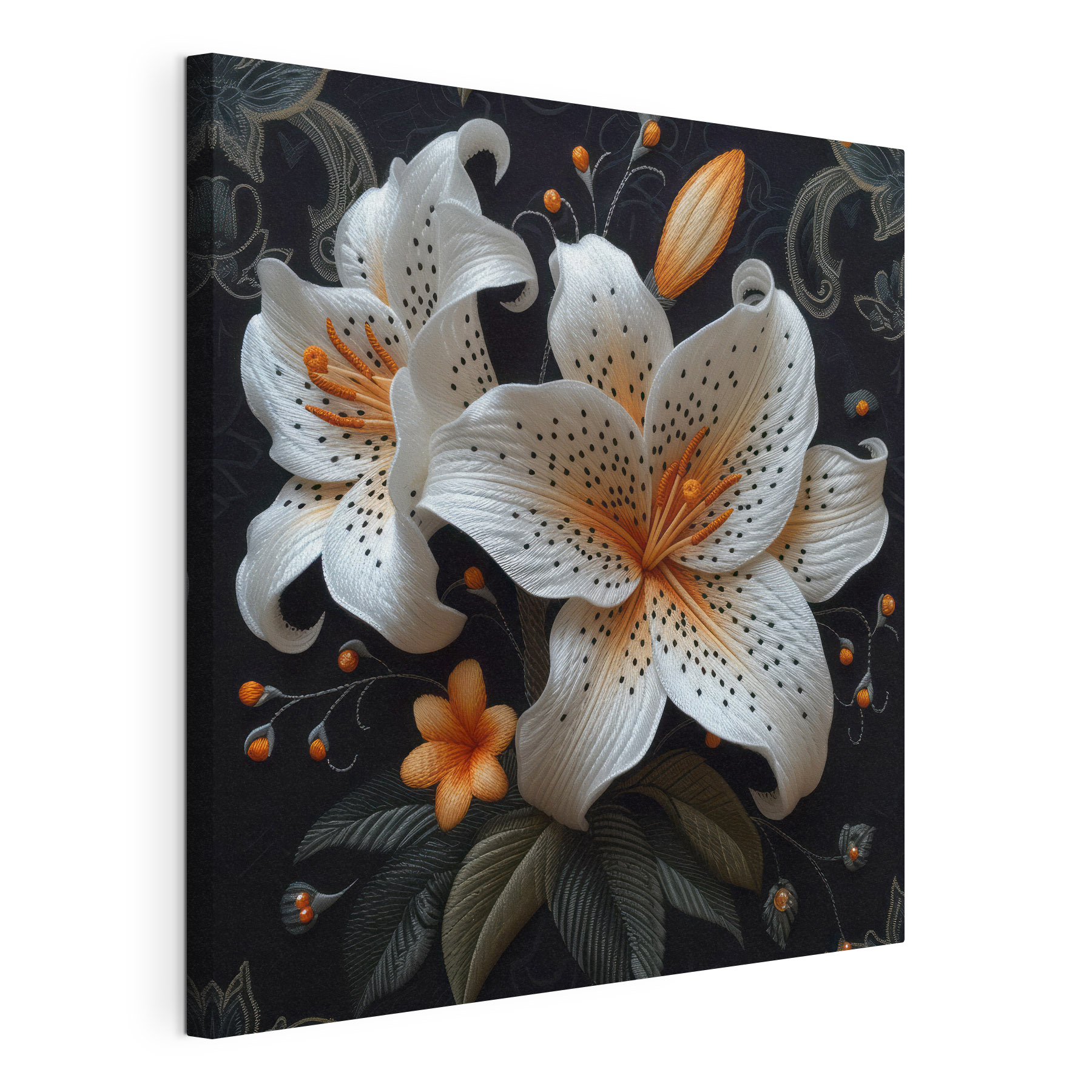 White and orange flowers on a black background White and orange flowers on a black background
