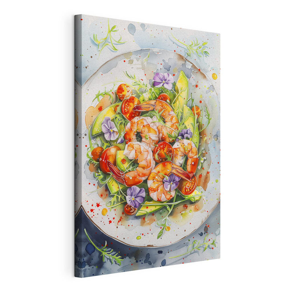 Watercolor painting of a plate of shrimp and avocado Watercolor painting of a plate of shrimp and avocado
