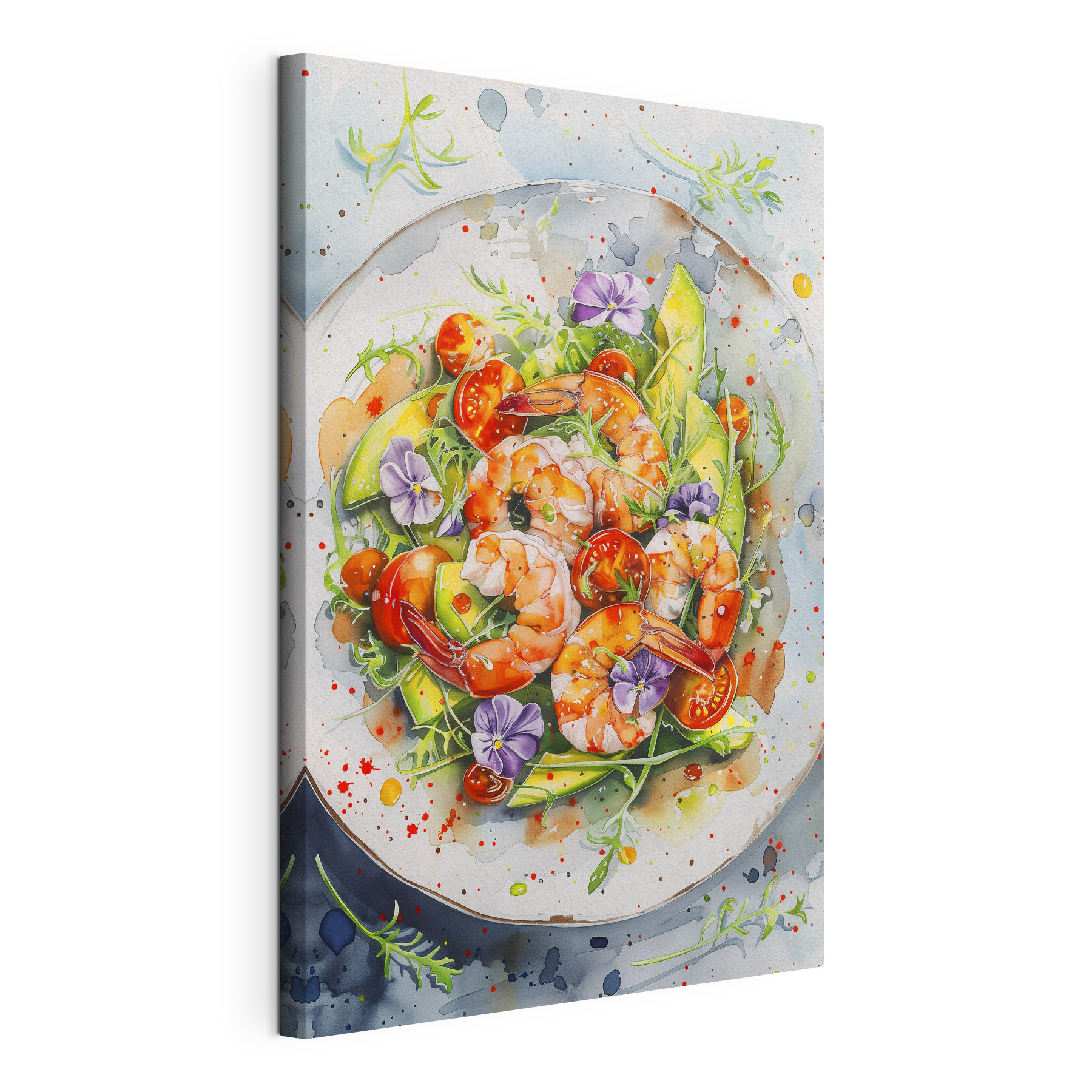 Watercolor painting of a plate of shrimp and avocado Watercolor painting of a plate of shrimp and avocado