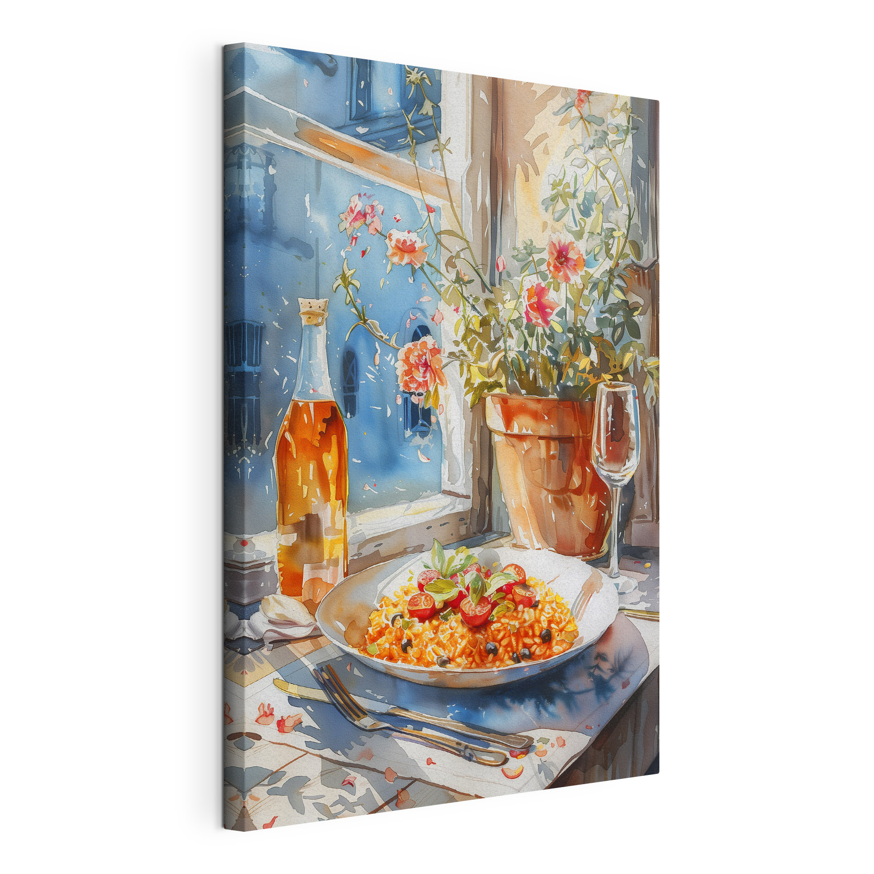 Watercolor painting of food on a table next to a window