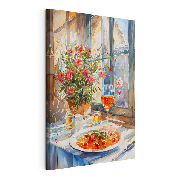 Acquerello raffigurante un tavolo con cibo e fiori Quadri Acquerello raffigurante un tavolo con cibo e fiori
