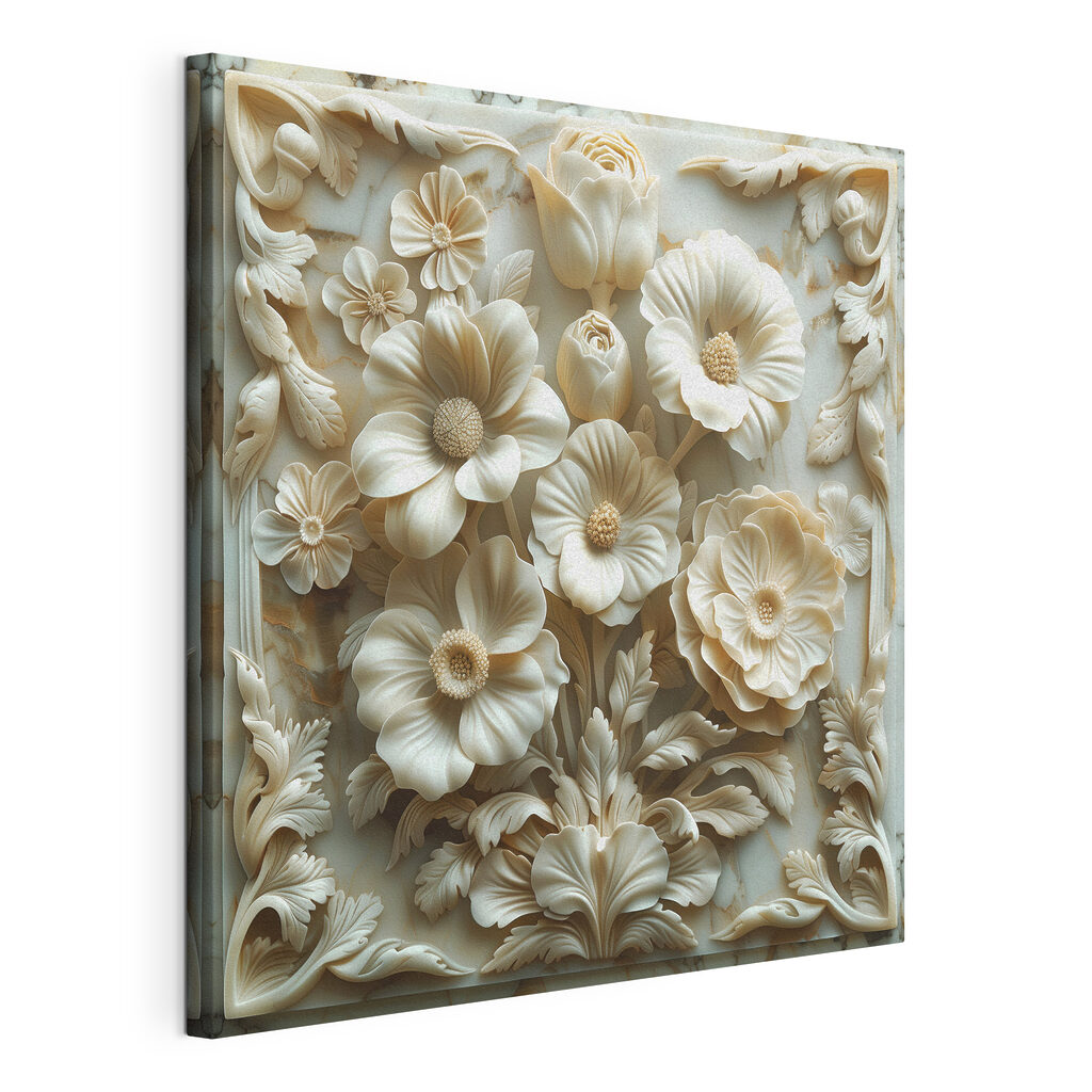 White flower carving on a marble surface White flower carving on a marble surface