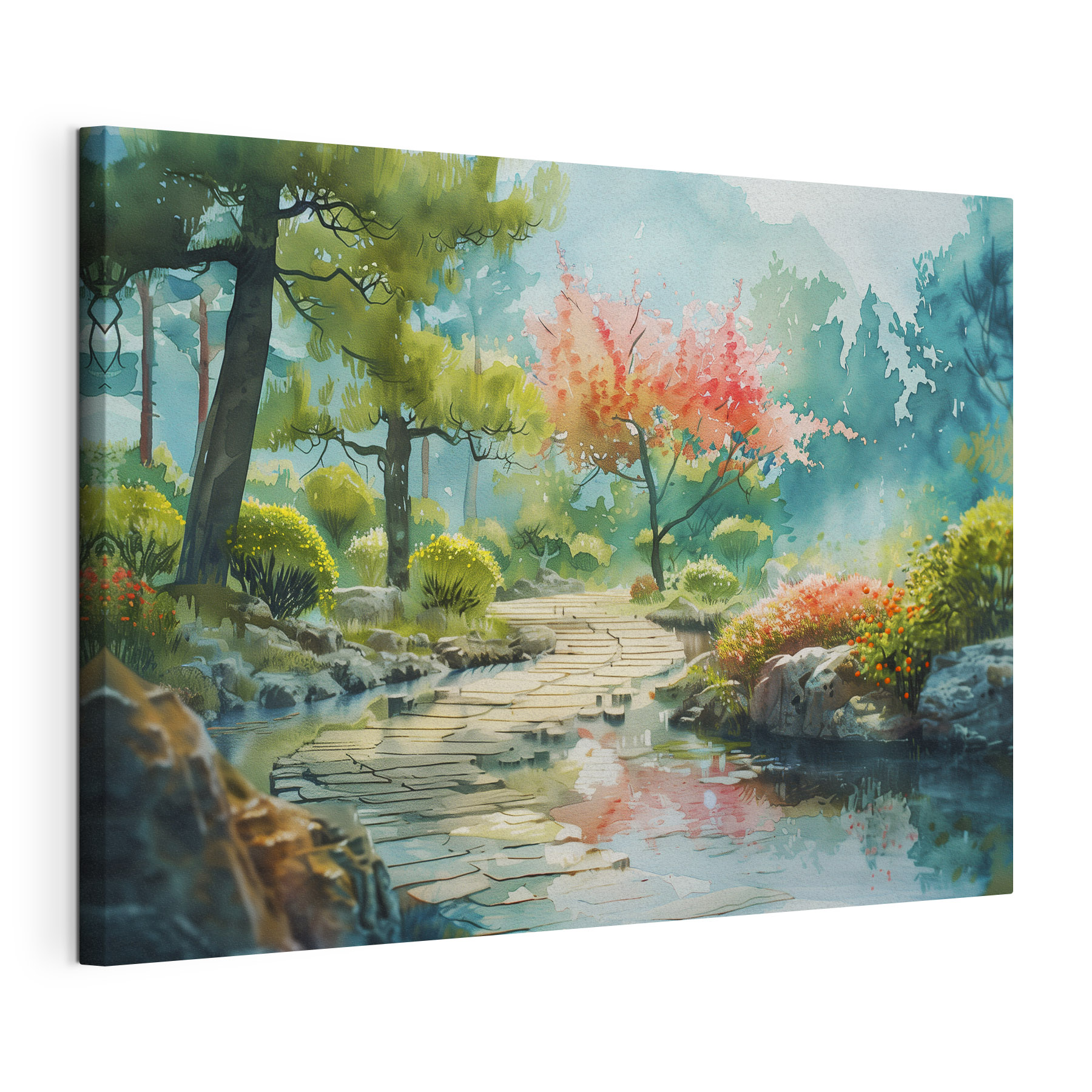 Watercolor painting of a river with trees and bushes Watercolor painting of a river with trees and bushes