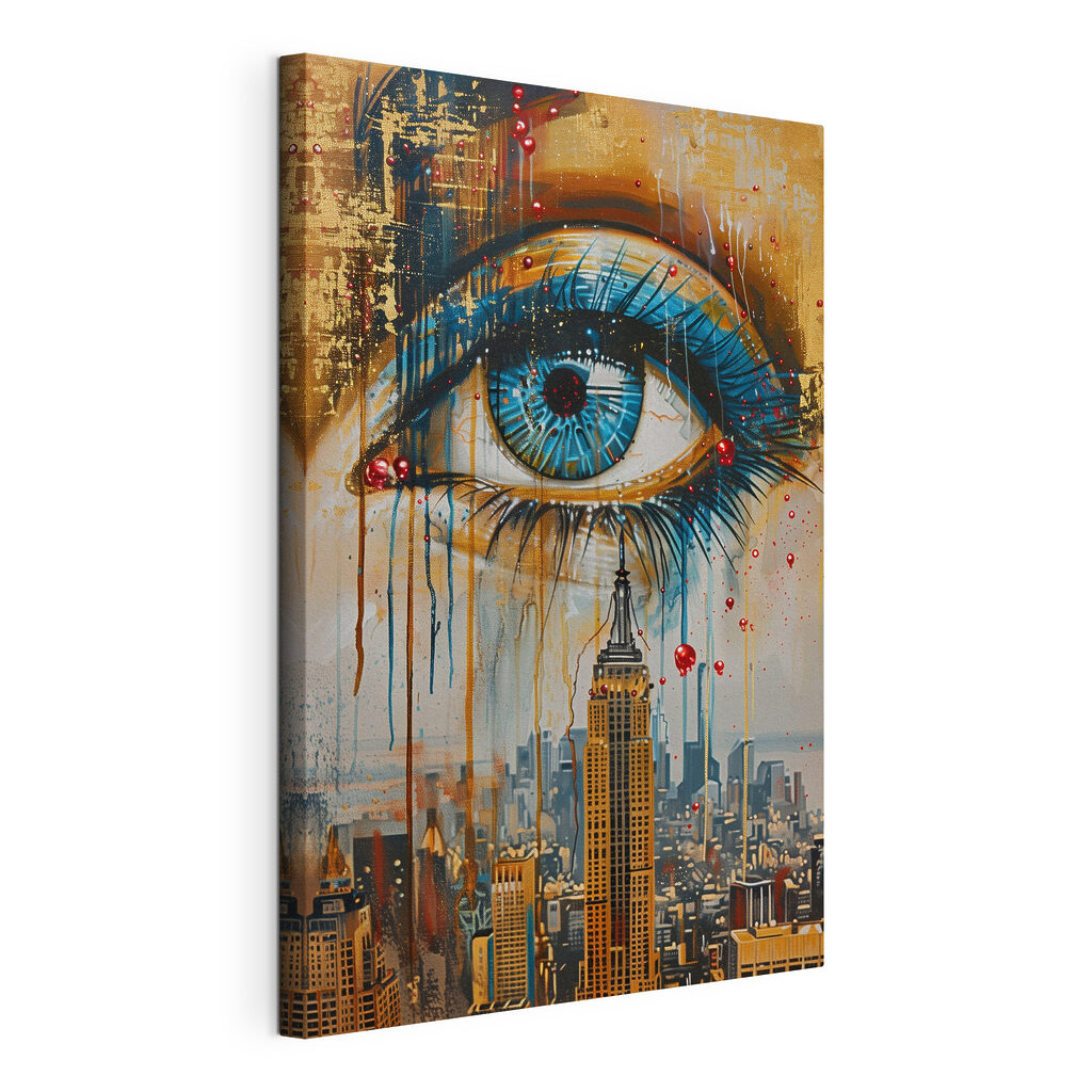 Painting of a city with a blue eye and a tall building Painting of a city with a blue eye and a tall building