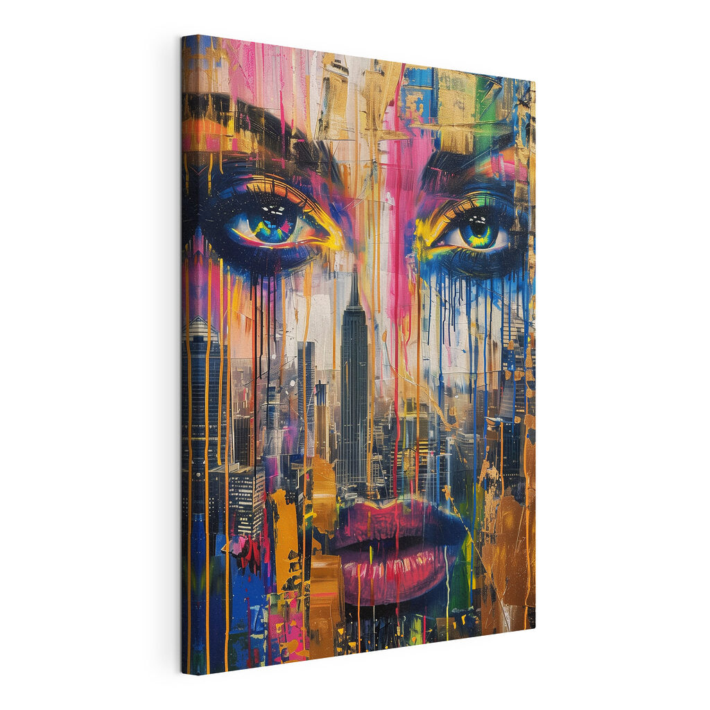 Painting of a woman's face with colorful paint dripping down Painting of a woman's face with colorful paint dripping down