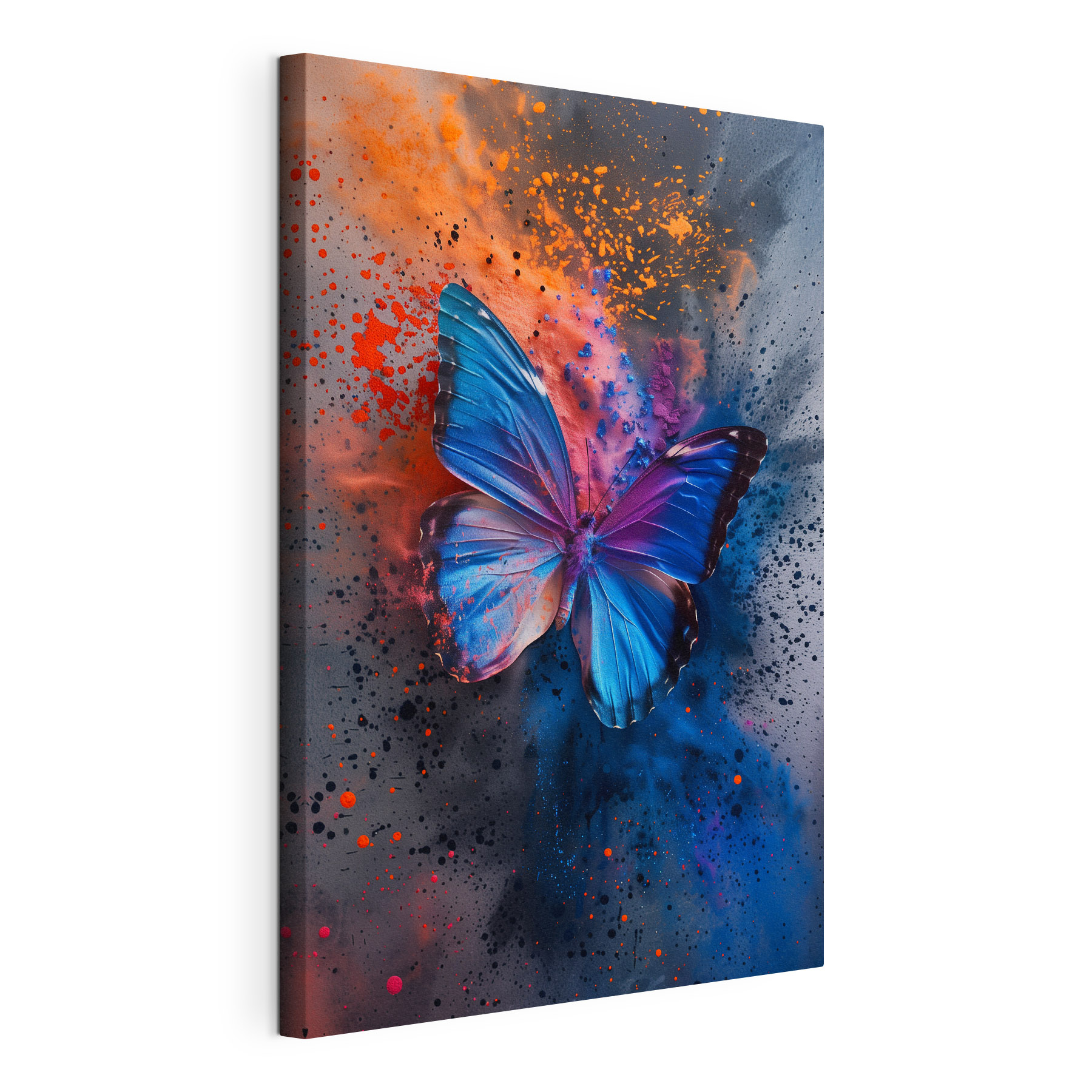 Butterfly with blue wings and colorful paint splashes