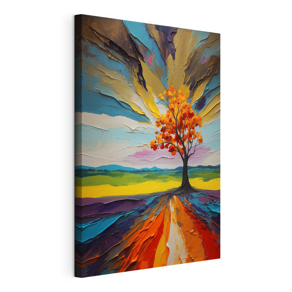 Tree with orange leaves and a colorful landscape