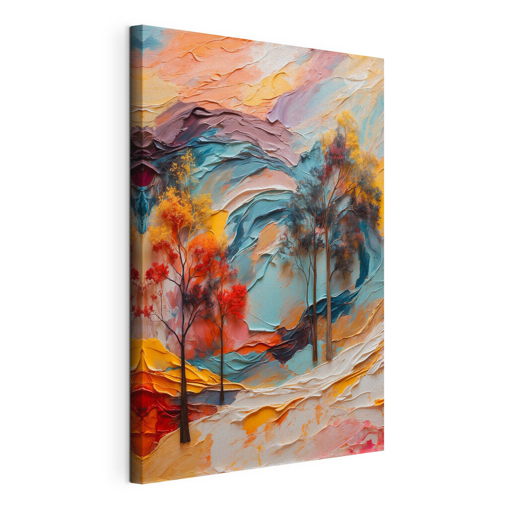 Painting of trees and colorful waves