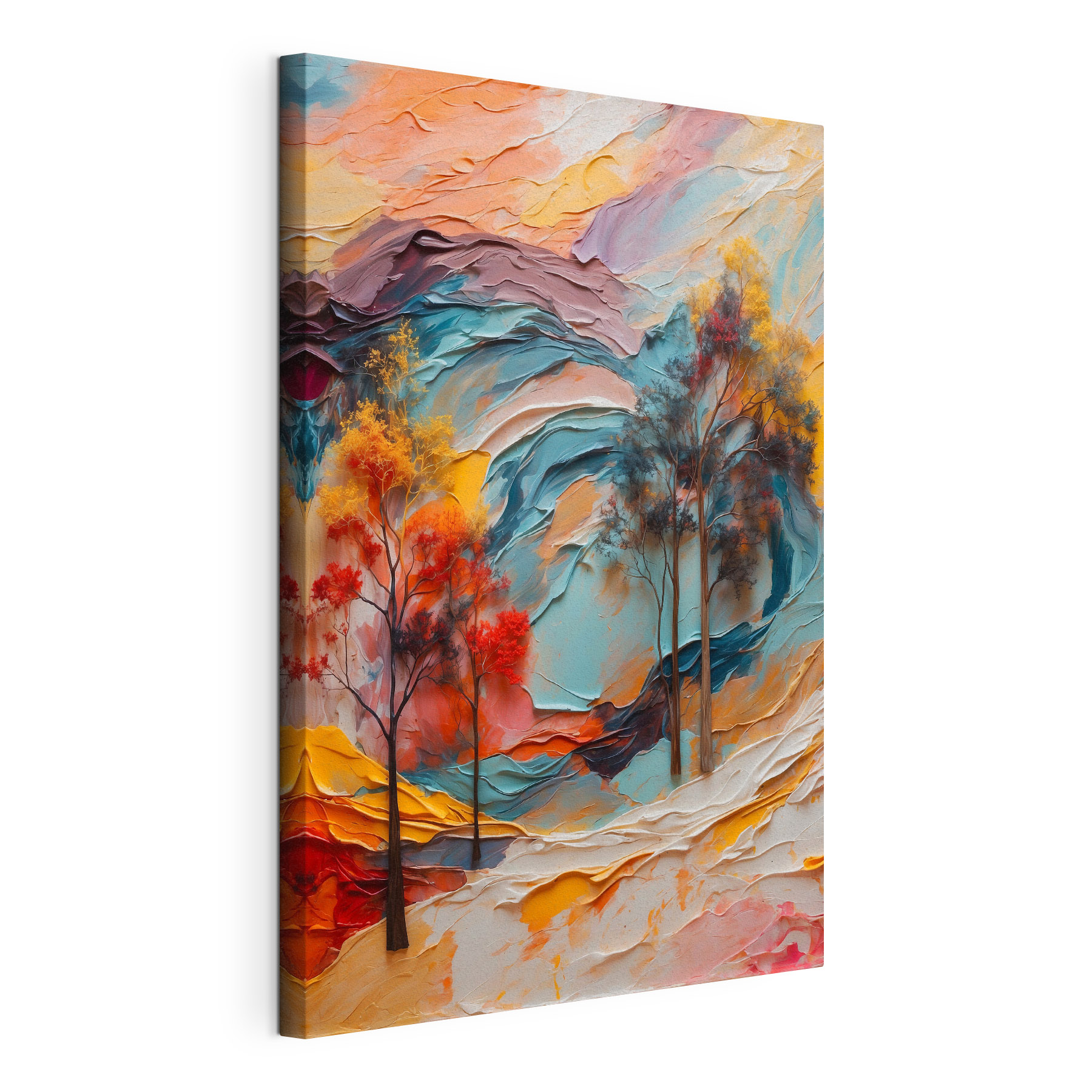 Painting of trees and colorful waves