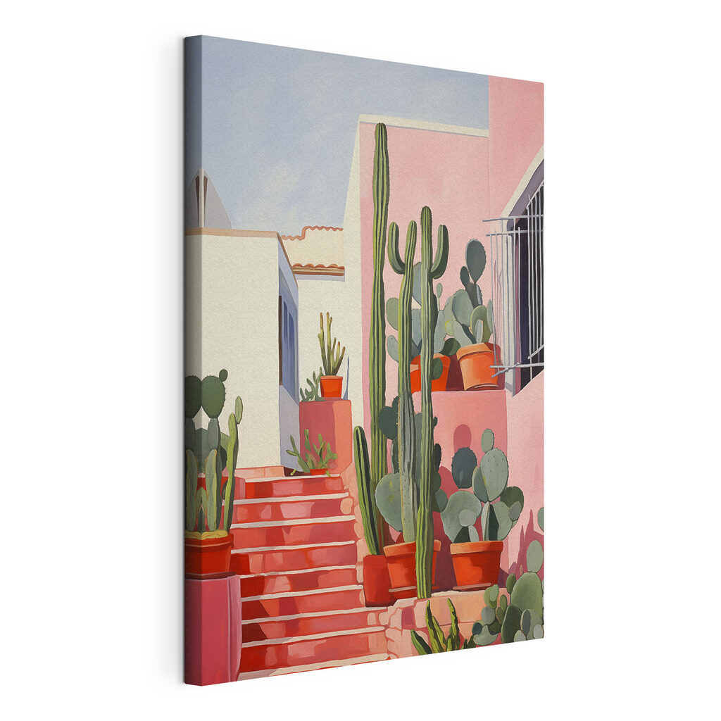 Painting of a pink house with cactuses