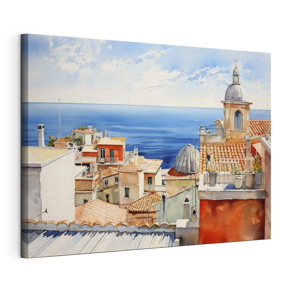 Watercolor of a city with a large body of water Watercolor of a city with a large body of water