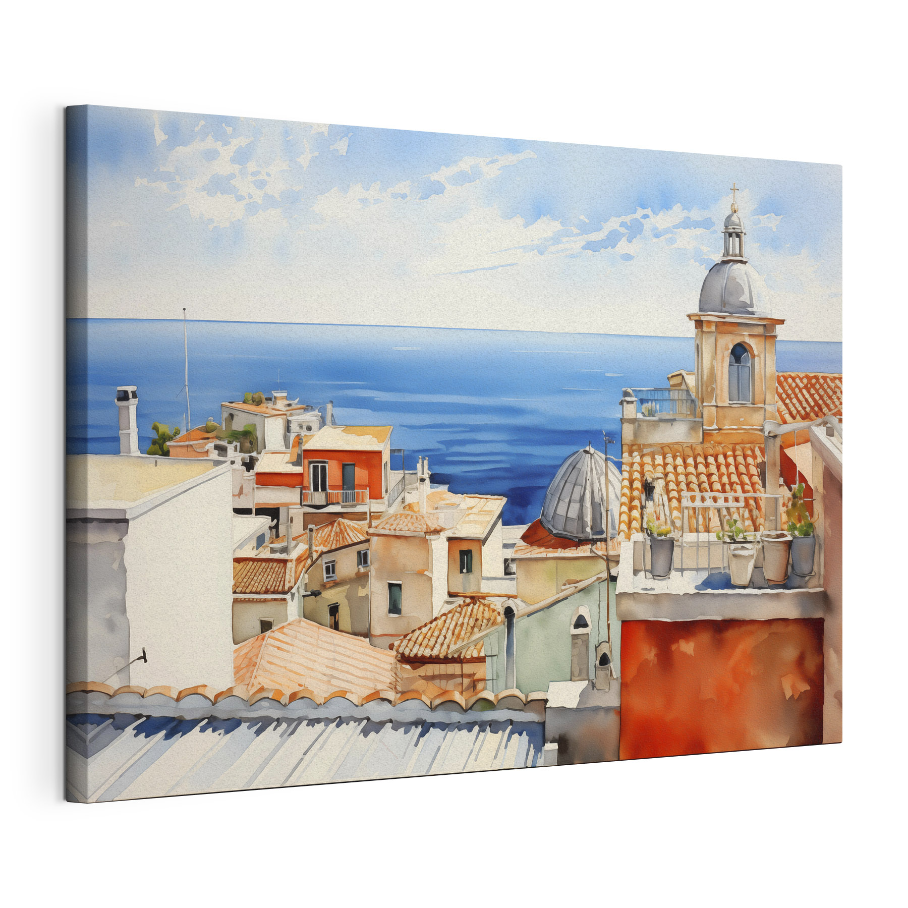 Watercolor of a city with a large body of water Watercolor of a city with a large body of water