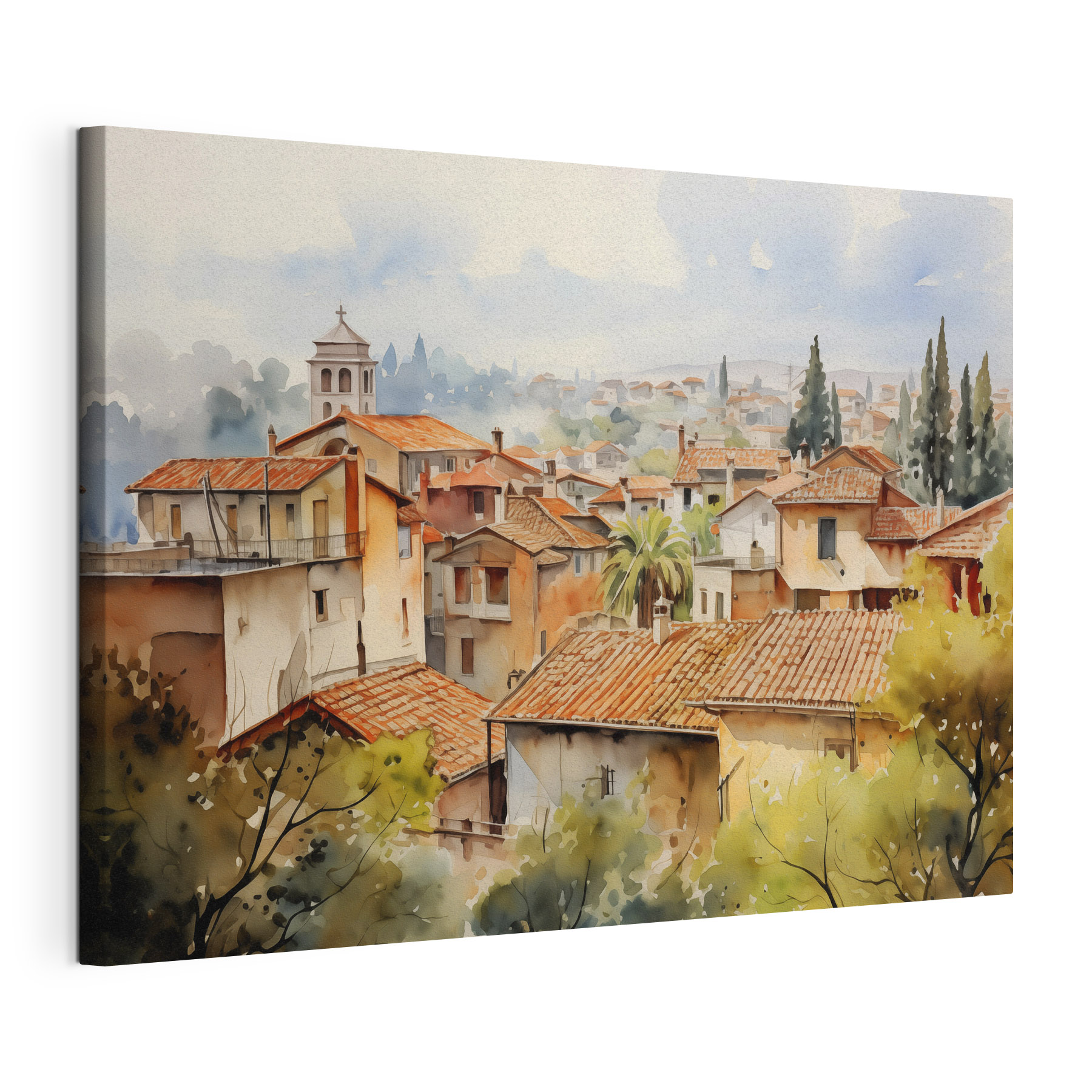 Watercolor of a town with many buildings and trees